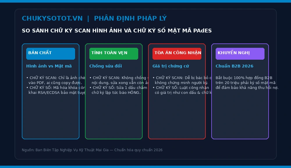 Bảng phân biệt rạch ròi giữa chữ ký scan hình ảnh vô giá trị và chữ ký số mật mã PAdES chuẩn pháp lý