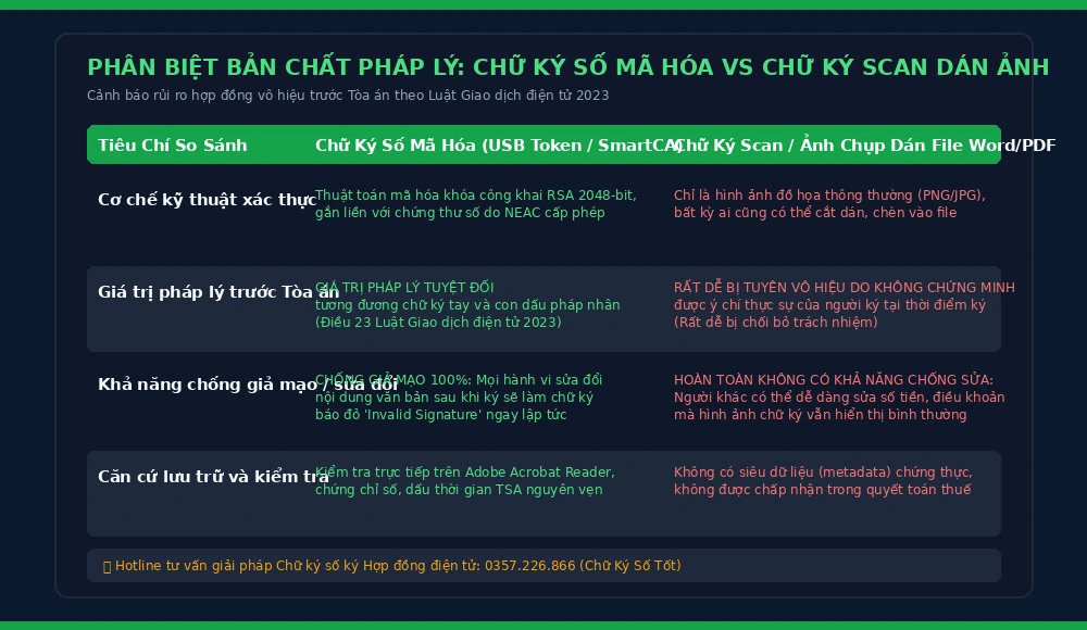 Bảng so sánh chi tiết chữ ký số mã hóa và chữ ký scan dán ảnh 2026